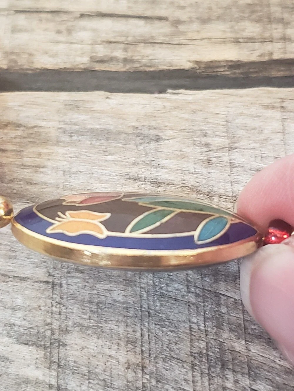 CLOISONNE PENDANT On BEADED NECKLACE Tulips & Butterfly
